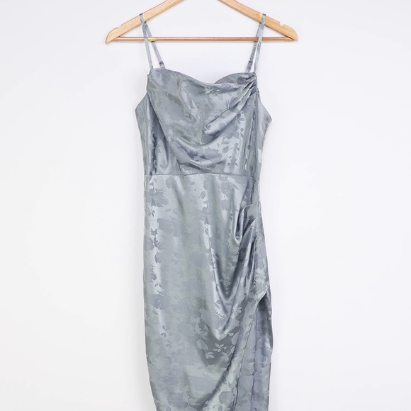 Simply Stunning Slate Blue Satin Floral Jacquard Midi Dress - Picture 1 of 8